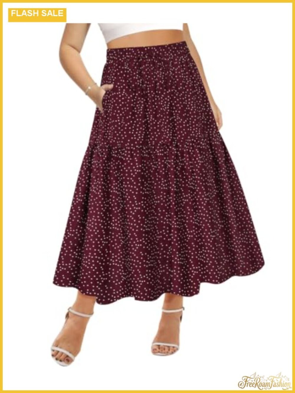Plus Size Maxi Skirt Elastic High Waist Pleated A-Line Tiered with Pockets